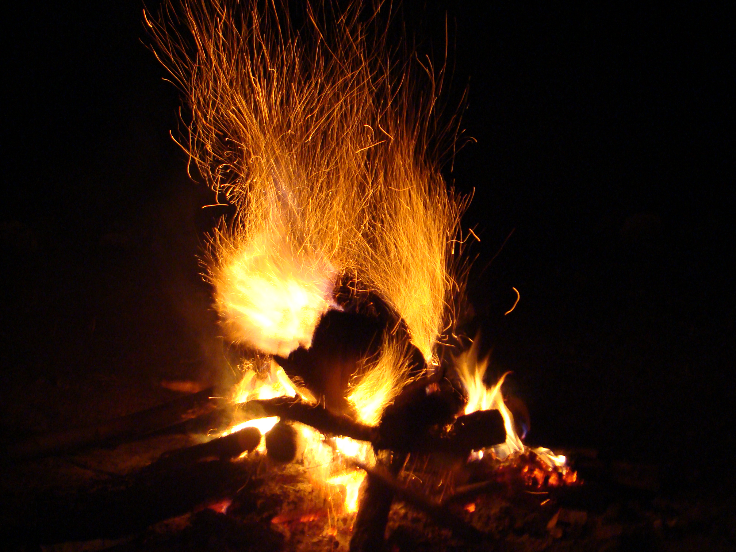 A large campfire at night in the woods