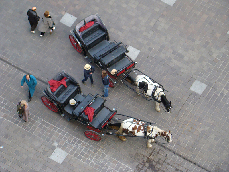 A birds-eye view of two horse drawn carriages